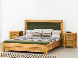 łóżko drewniane świerkowe 160x200 z tapicerowanym zagłówkiem rustykalne do sypialni