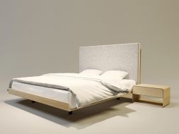 łóżko drewniane z tapicerowanym zagłówkiem skandynawskie 140x210