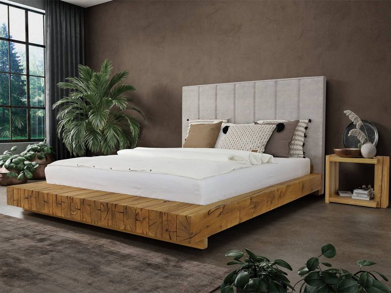 Łóżko drewniane dębowe z wezgłowiem tapicerowanym URBAN FOREST 6 140x200